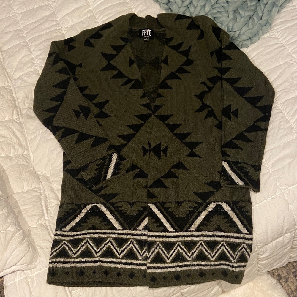 Frye Olive and Black Geometric Cardigan